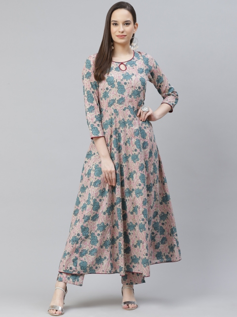 

mokshi Women Beige & Green Floral Printed Pleated Pure Cotton Kurta with Trousers