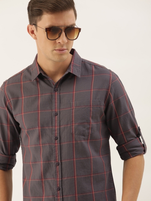 

Moda Rapido Men Charcoal Grey & Red Slim Fit Checked Casual Shirt