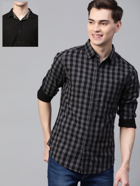 

HERE&NOW Men Black & Grey Pure Cotton Tartan Checked Slim Fit Casual Shirt