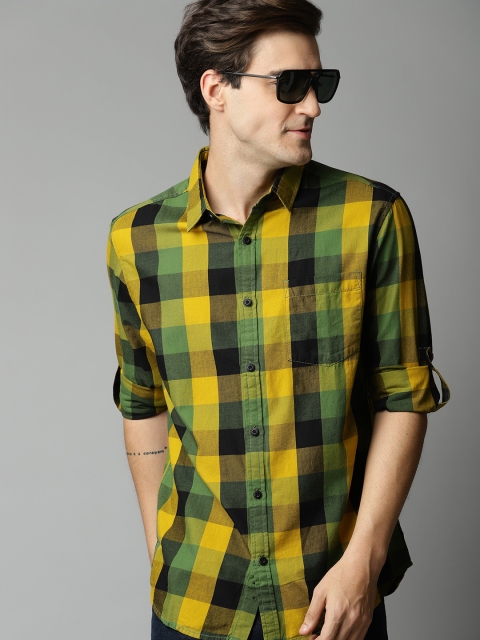 

HERE&NOW Men Yellow & Green Cotton Slim Fit Checked Casual Shirt
