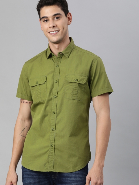 

HERE&NOW Men Olive Green Solid Slim Fit Casual Shirt