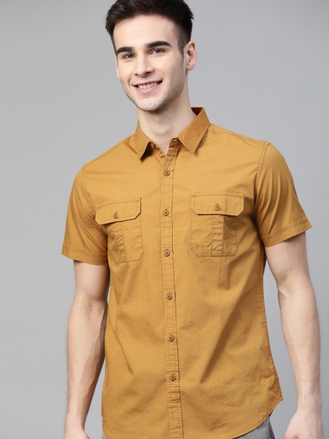 

HERE&NOW Men Khaki Solid Pure Cotton Pocket Slim Fit Casual Shirt