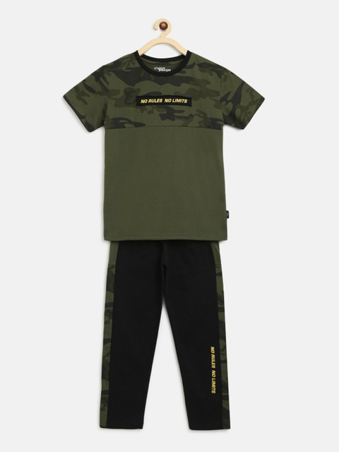 

Lil Tomatoes Boys Olive Green & Black Printed Night suit