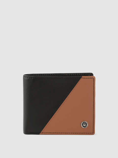 

United Colors of Benetton Men Black & Tan Colourblocked Leather Two Fold Wallet