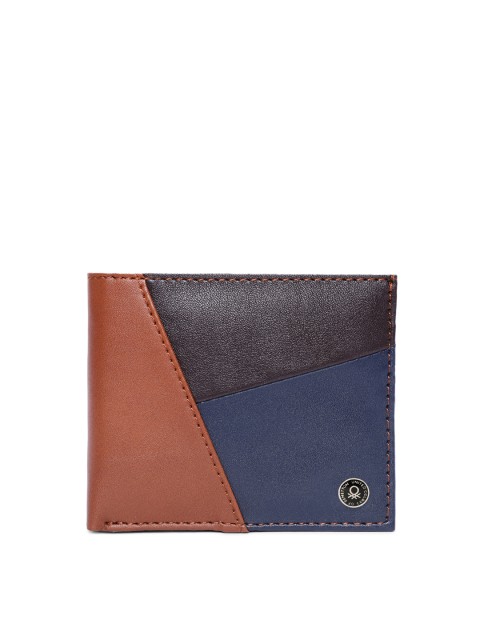 

United Colors of Benetton Men Tan Brown & Blue Colourblocked Two Fold Wallet