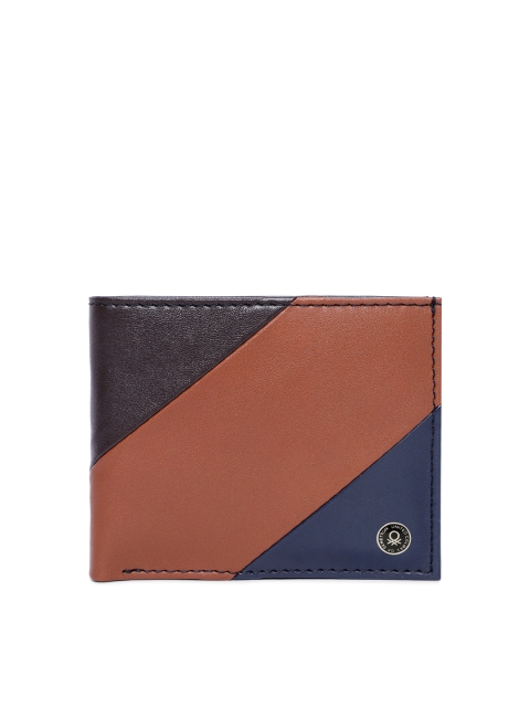 

United Colors of Benetton Men Tan Brown & Blue Colourblocked Two Fold Wallet