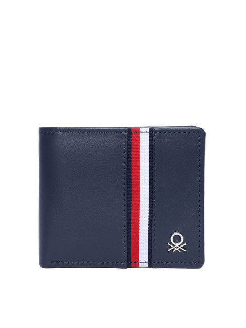 

United Colors of Benetton Men Navy Blue Striped Leather Two Fold Wallet