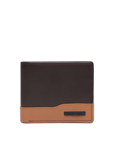 

United Colors of Benetton Men Brown & Tan Colourblocked Genuine Leather Two Fold Wallet