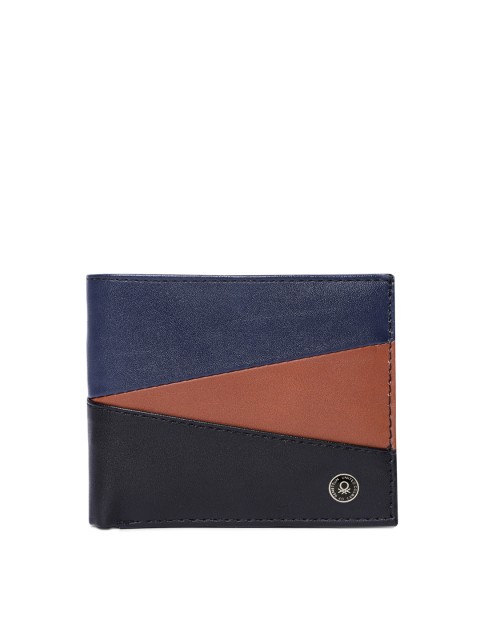 

United Colors of Benetton Men Navy Blue & Tan Brown Colourblocked Two Fold Wallet