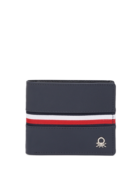 

United Colors of Benetton Men Navy Blue Striped Leather Two Fold Wallet