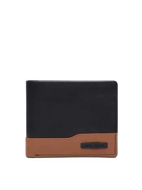 

United Colors of Benetton Men Black & Tan Brown Colourblocked Leather Two Fold Wallet