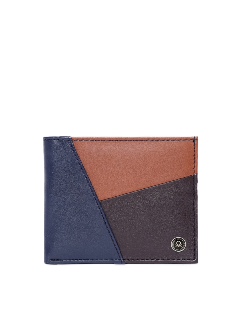 

United Colors of Benetton Men Navy Blue & Tan Brown Colourblocked Two Fold Wallet
