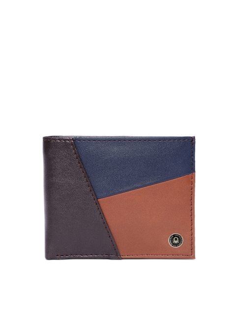 

United Colors of Benetton Men Tan Brown & Blue Colourblocked Two Fold Wallet