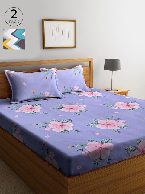 

KLOTTHE Purple & Yellow Floral 210 TC Cotton 2 King Bedsheet with 4 Pillow Covers