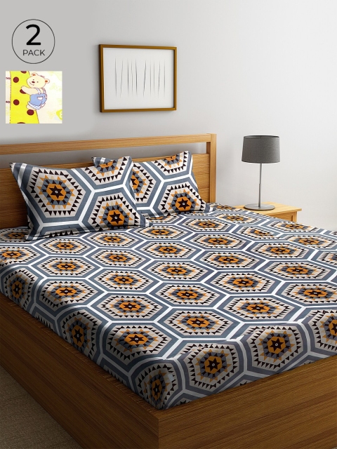 

KLOTTHE Cream-Coloured & Yellow Geometric 210 TC Cotton 2 King Bedsheet with 4 Pillow Covers