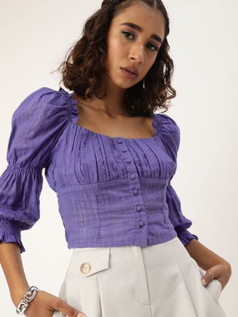 

QUIERO Bold Violet Solid Ruched Crop Top