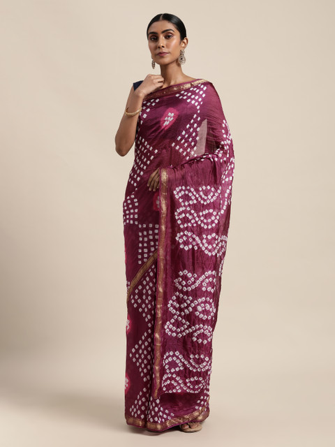 

Mitera Maroon & White Printed Art Silk Bandhani Saree