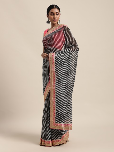 

Mitera Black & White Striped Leheriya Saree