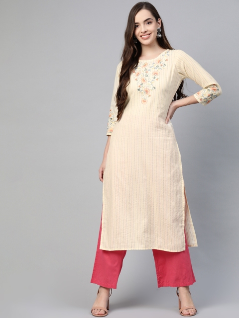

Yufta Women Yellow Striped Thread Work Straight Kurta