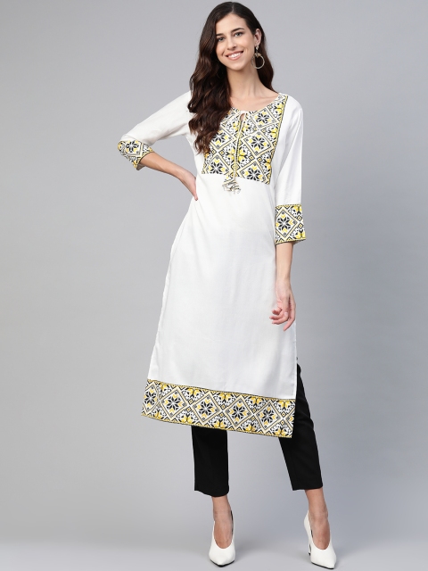

Yufta Women White & Yellow Geometric Yoke Design Straight Kurta