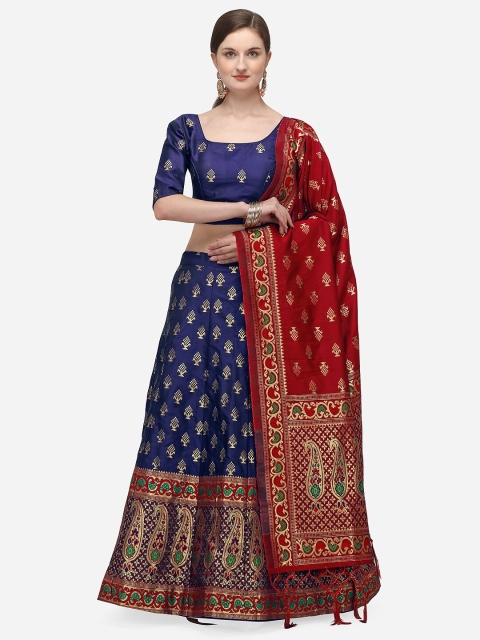 

JATRIQQ Blue & Maroon Woven Design Semi-Stitched Lehenga & Unstitched Blouse with Dupatta