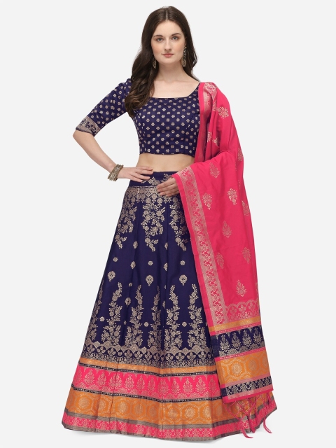 

JATRIQQ Navy Blue & Pink Woven Design Semi-Stitched Lehenga & Unstitched Blouse with Dupatta