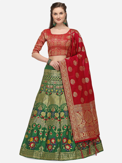 

JATRIQQ Green & Maroon Woven Design Semi-Stitched Lehenga & Unstitched Blouse with Dupatta