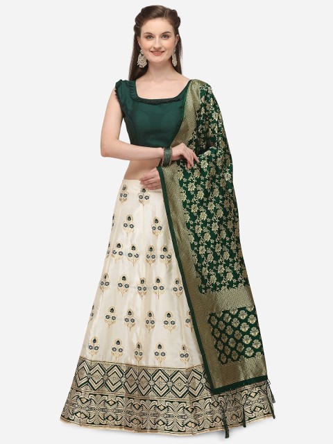 

JATRIQQ Cream-Coloured & Green Woven Design Semi-Stitched Lehenga Choli