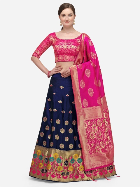 

JATRIQQ Blue & Pink Woven Design Semi-Stitched Lehenga & Unstitched Blouse with Dupatta