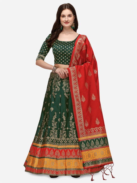 

JATRIQQ Green & Red Woven Design Semi-Stitched Lehenga & Unstitched Blouse with Dupatta