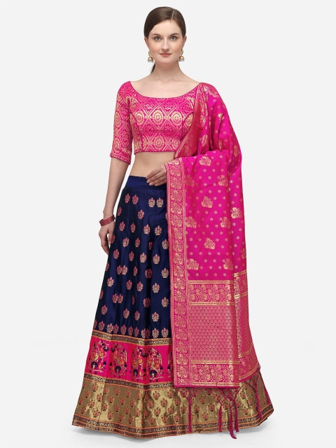 

JATRIQQ Navy Blue & Pink Woven Design Semi-Stitched Lehenga & Unstitched Blouse with Dupatta