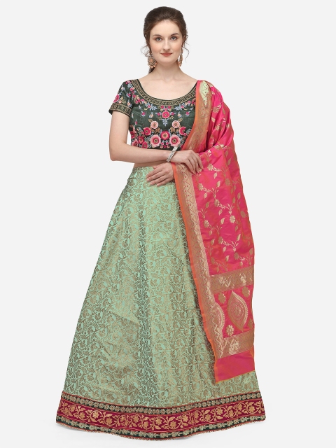 

JATRIQQ Green & Coral Embroidered Semi-Stitched Lehenga Choli
