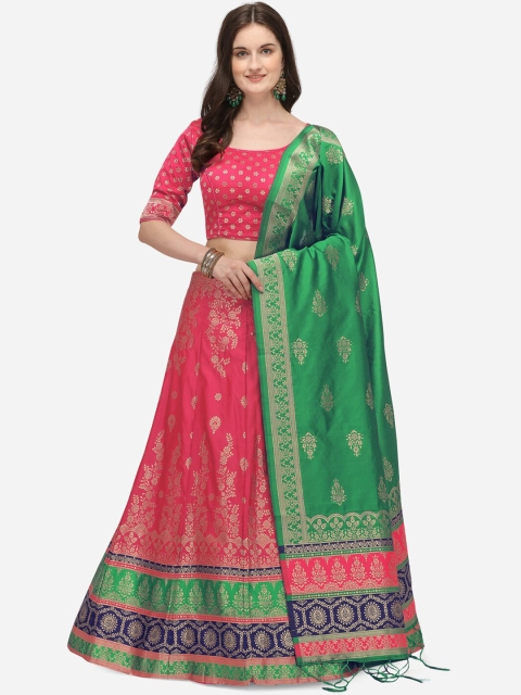 

JATRIQQ Pink & Green Woven Design Semi-Stitched Lehenga & Unstitched Blouse with Dupatta