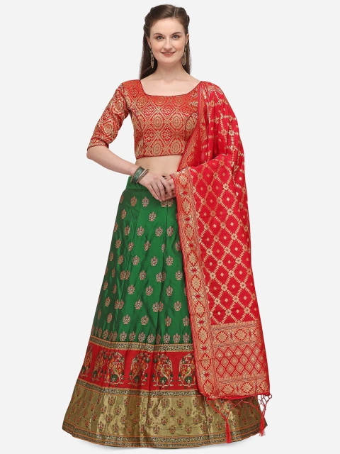 

JATRIQQ Green & Red Woven Design Semi-Stitched Lehenga & Unstitched Blouse with Dupatta