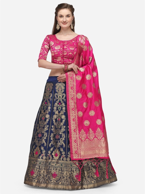 

JATRIQQ Pink & Navy Blue Woven Design Semi-Stitched Lehenga & Unstitched Blouse with Dupatta