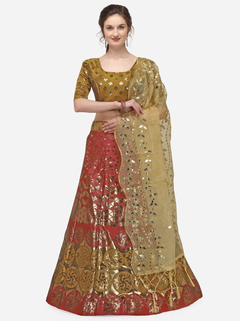 

JATRIQQ Maroon & Olive Green Semi-Stitched Lehenga & Unstitched Blouse with Dupatta
