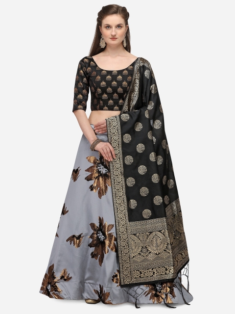 

JATRIQQ Grey & Black Woven Design Semi-Stitched Lehenga Choli