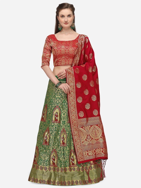 

JATRIQQ Green & Red Woven Design Semi-Stitched Lehenga & Unstitched Blouse with Dupatta