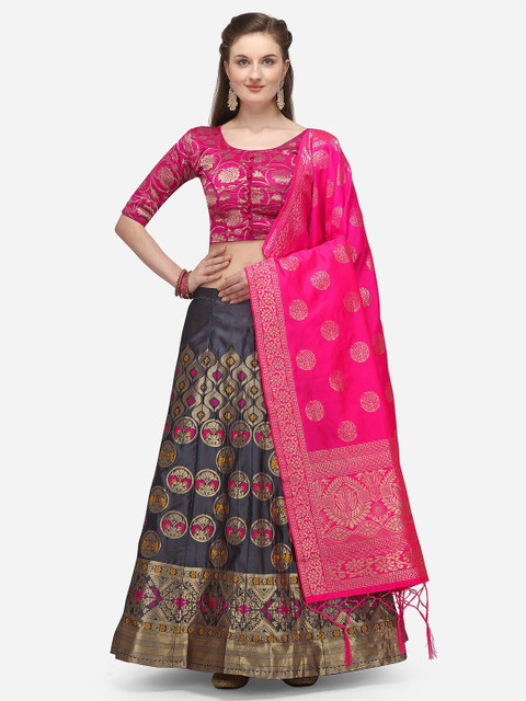 

JATRIQQ Pink Woven Design Semi-Stitched Lehenga & Unstitched Blouse with Dupatta