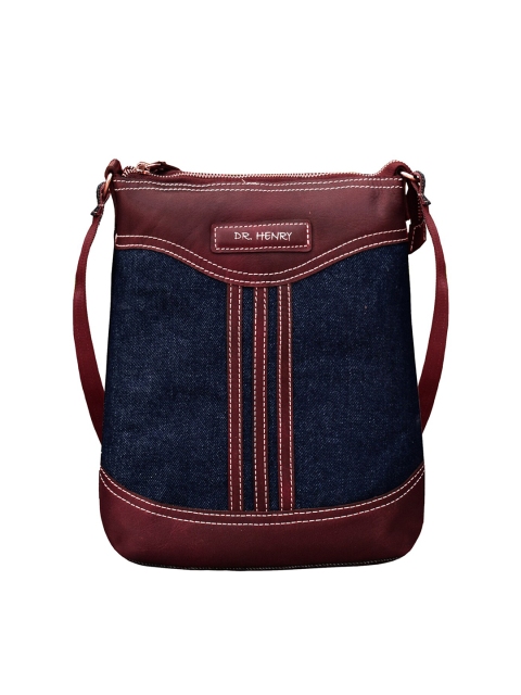 

DR. HENRY Unisex Navy Blue & Brown Textured Genuine Leather & Denim Messenger Bag