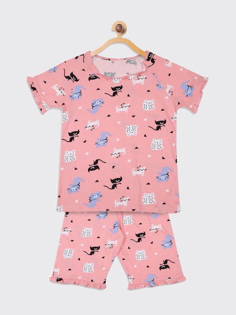 

Kanvin Girls Pink & White Printed Cotton Night Suit