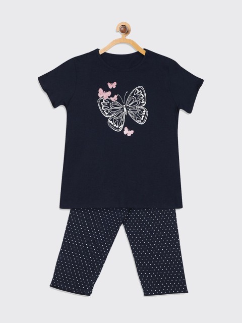 

Kanvin Girls Navy Blue & White Printed Night suit