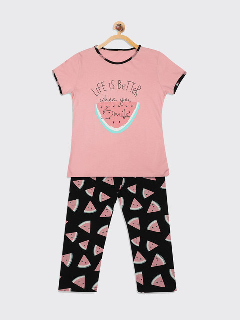 

Kanvin Girls Peach-Coloured & Black Printed Pure Cotton Night Suit MJKKSS21G8B