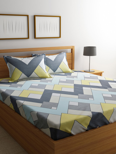 

URBAN DREAM White & Yellow Geometric 210 TC Cotton 1 King Bedsheet with 2 Pillow Covers