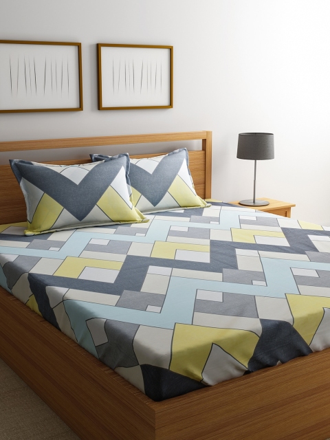 

URBAN DREAM White & Grey Geometric 210 TC Cotton 1 Queen Bedsheet with 2 Pillow Covers