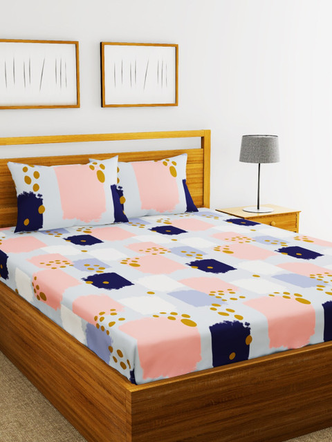 

BIANCA Grey & Pink Geometric 152 TC Polyester 1 King Bedsheet with 2 Pillow Covers