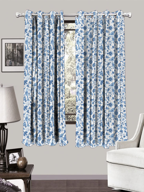

HOUZZCODE Blue & White Set of 2 Floral Printed Room Darkening Window Curtains