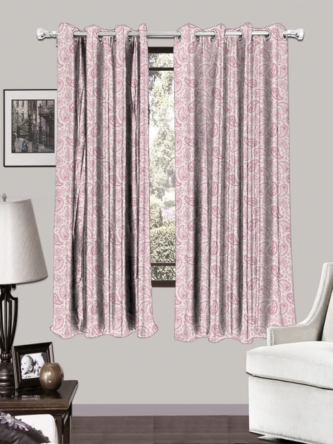 

HOUZZCODE Pink & White Paisley Printed Set of 2 Room Darkening Window Curtains