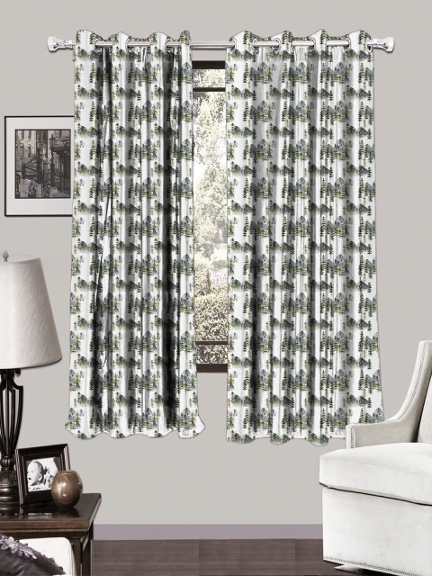 

HOUZZCODE White & Green Set of 2 Window Curtains