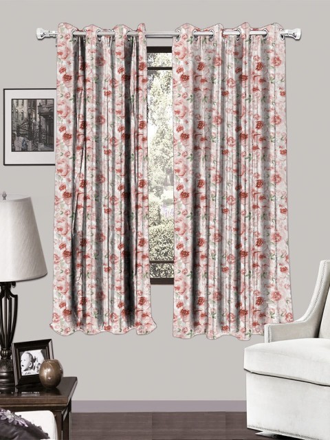

HOUZZCODE Pink & Green Set of 2 Floral Printed Room Darkening Curtains